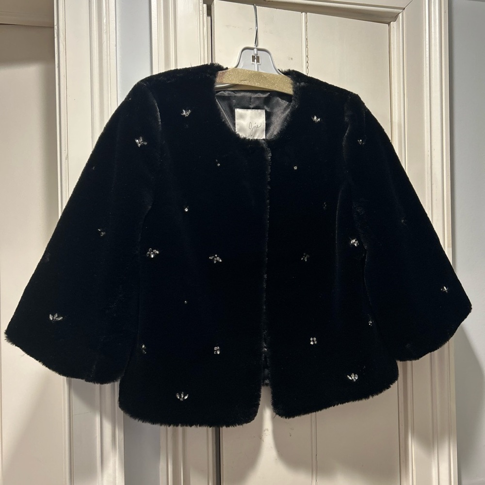 Black Faux Fur Jacket with Rhinestone Embellishments